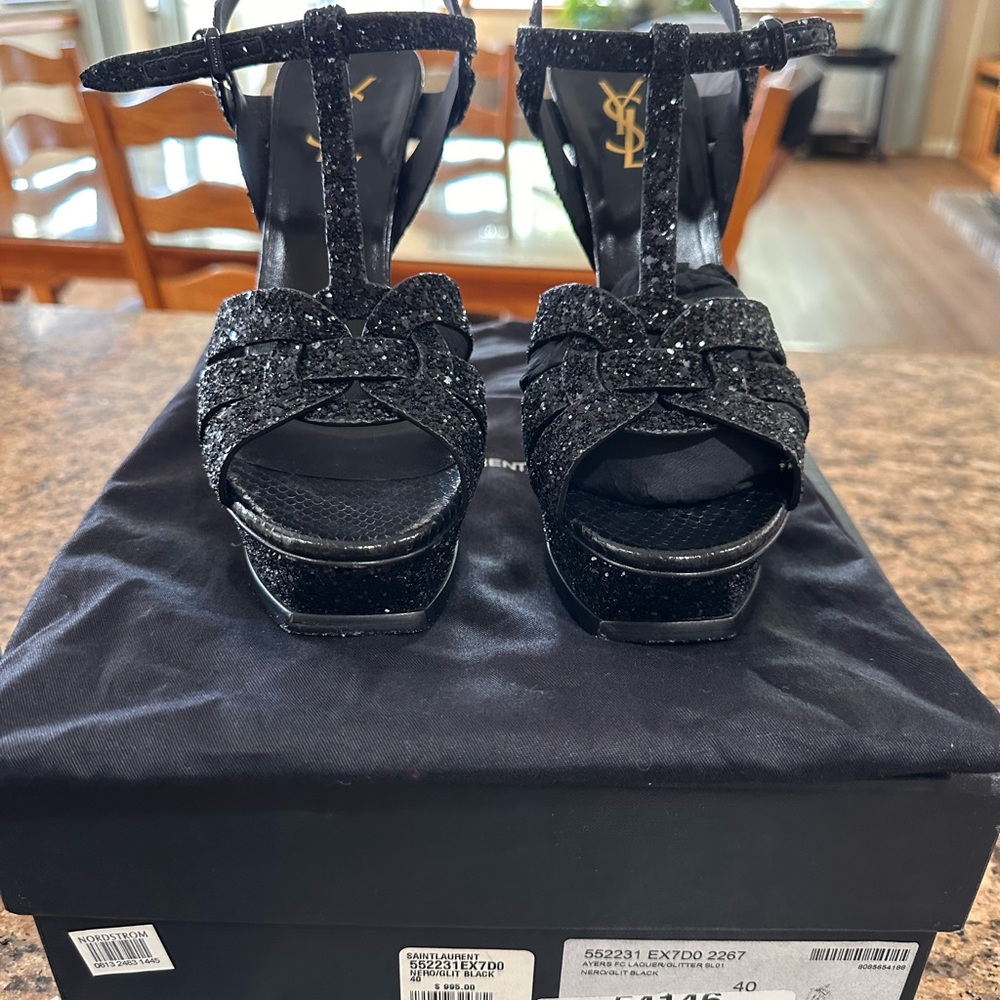 Saint Laurent Tribute Women's Black Glitter Python Sandals - Picture 2 of 7